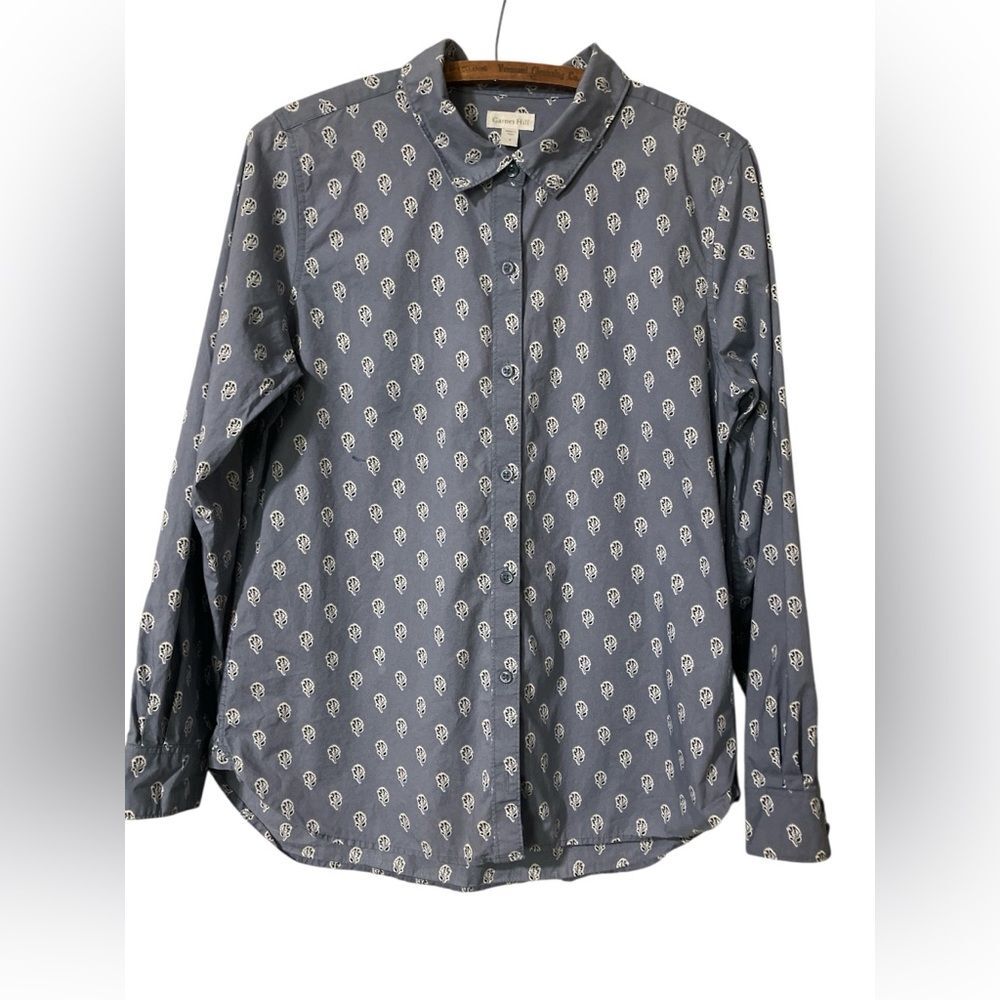 Garnet Hill Organic Cotton Top Size 8 Grey Fall Office Casual Classic Button Up